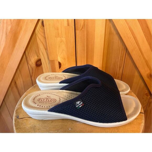 Fly Flot Navy Mule Cloth Sandals Slides Anti Shock Heel Size 40/9 - Picture 3 of 8